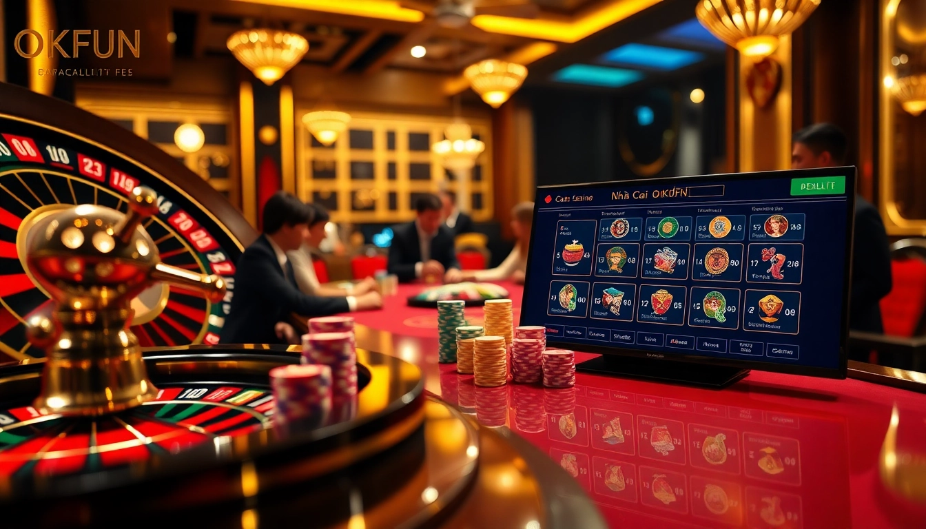 Players enjoying an exciting game experience at Nhà Cái OKFUN, featuring vibrant casino elements.