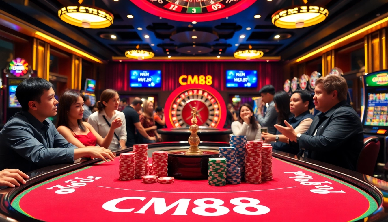 Experience the thrill of CM88 at a vibrant casino table with poker chips and cards.