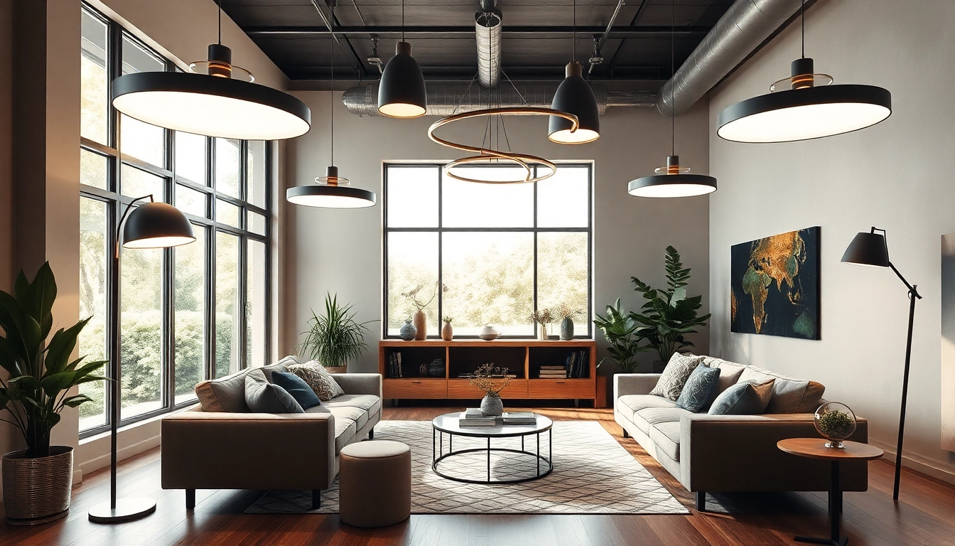 Shop ModernLighting stylish fixtures illuminating a contemporary living room.