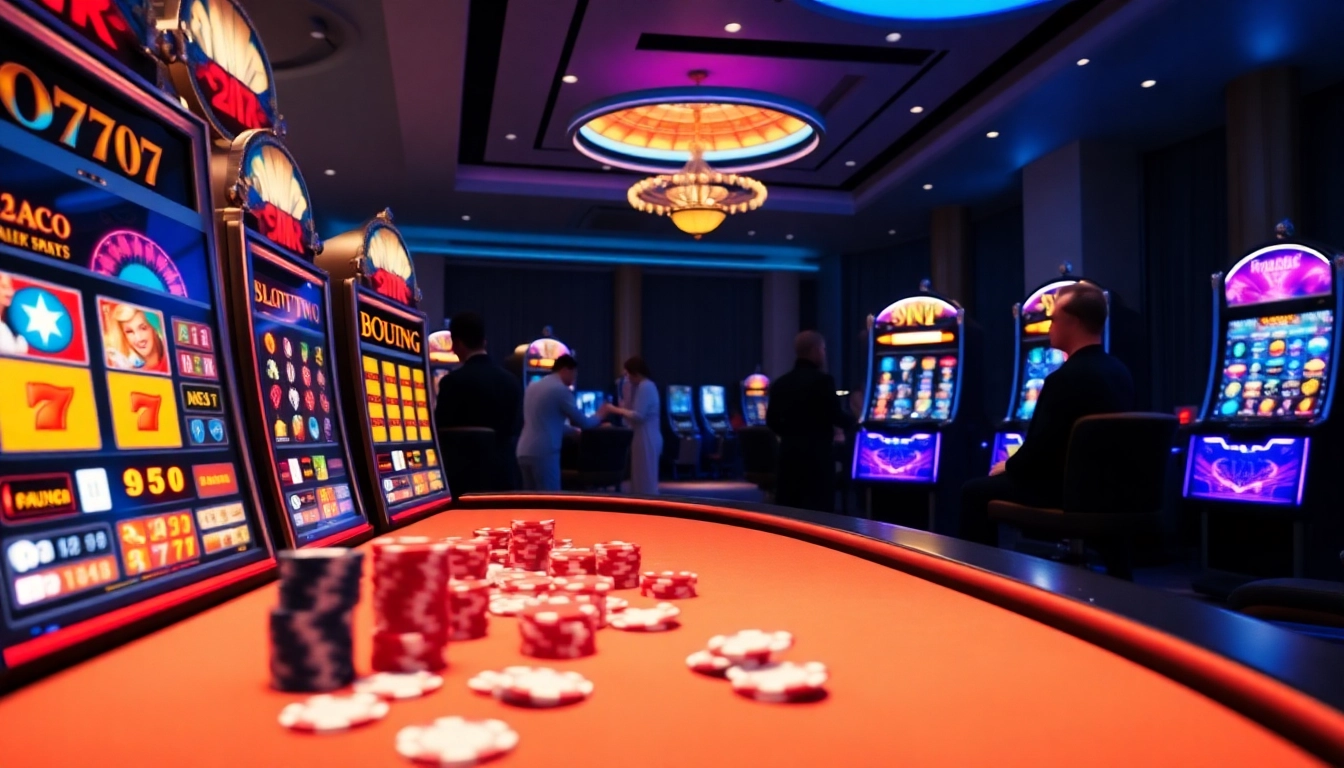 Players enjoy slot777 machines in a vibrant casino atmosphere, showcasing exciting online gambling.