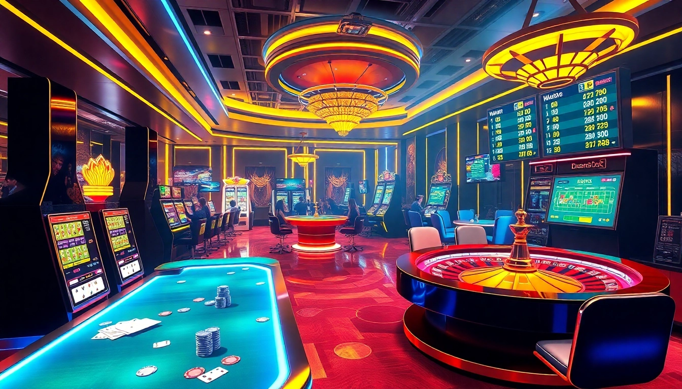 Players experiencing thrilling online gaming with bk33 at vibrant casino tables and machines.