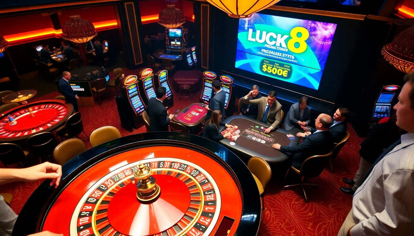 Experience LUCK8 excitement at a luxurious casino, showcasing vibrant roulette tables and eager players.