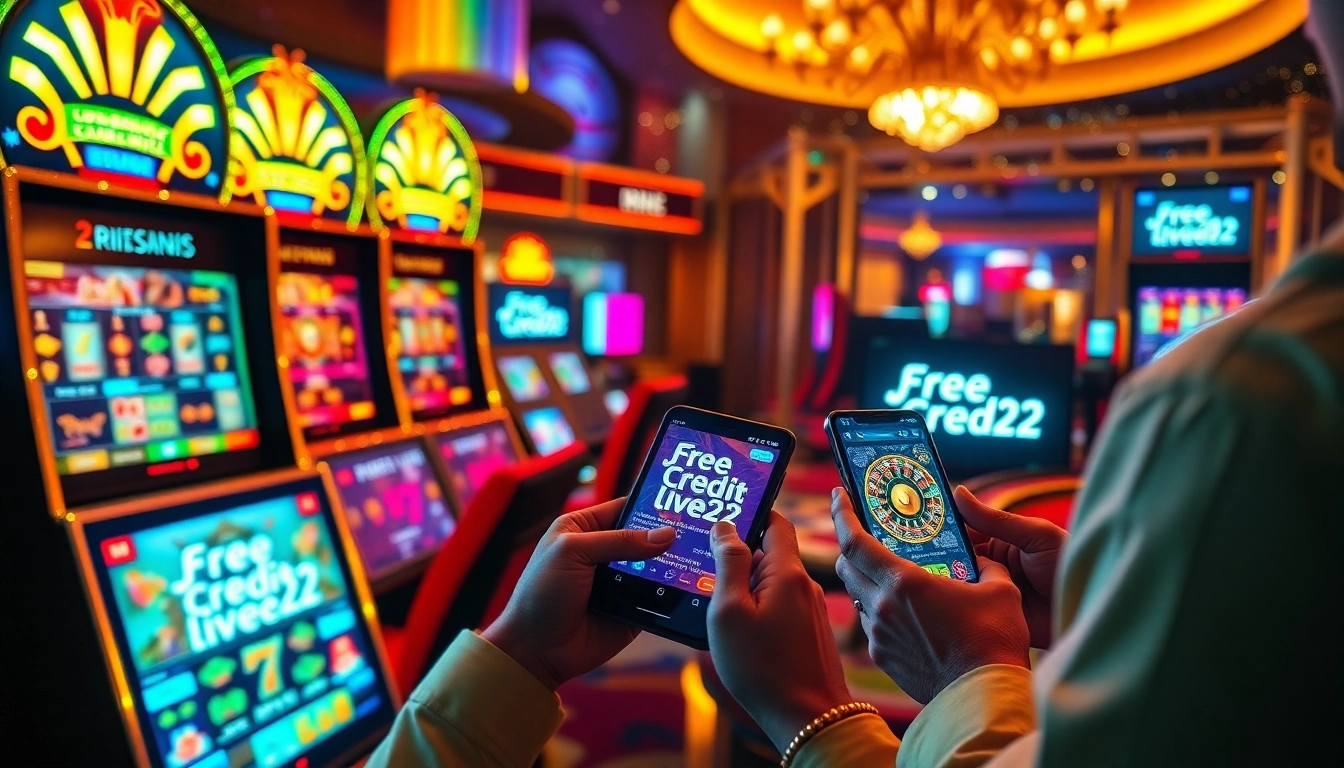 Players enjoying free credit live22 at vibrant slot machines in a luxurious online casino setting.