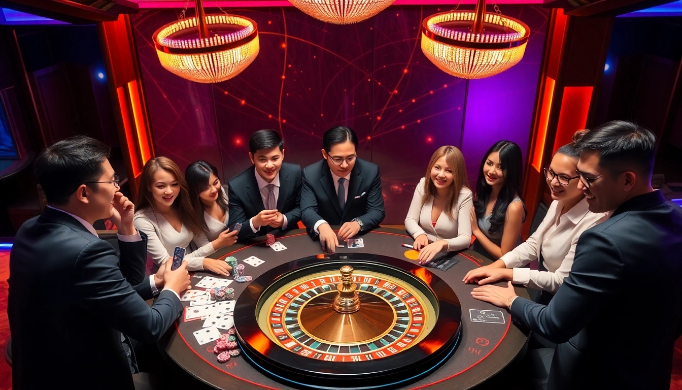 Nhã Cái OKFUN offers an immersive gambling experience at a vibrant casino table with excited players.
