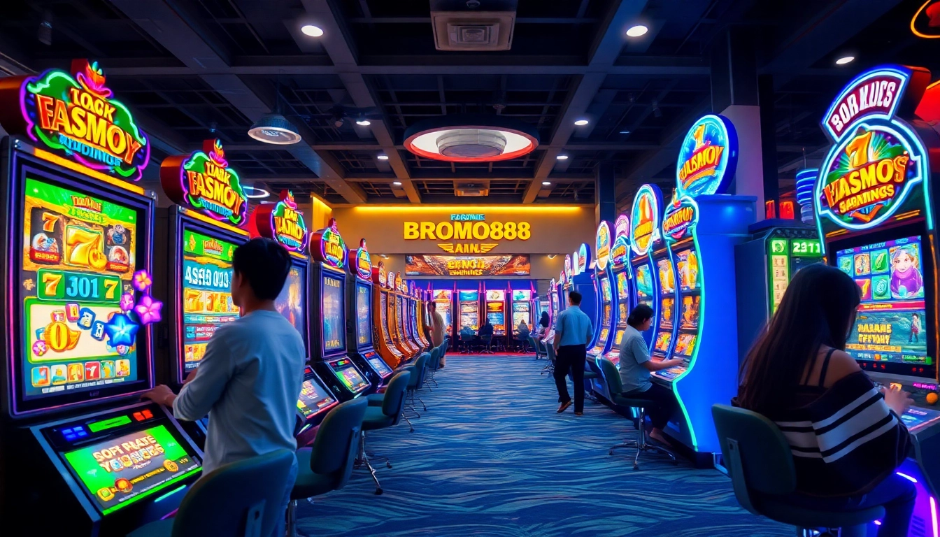 BROMO888 online gaming experience showcasing vibrant slot machines and engaging user interactions.