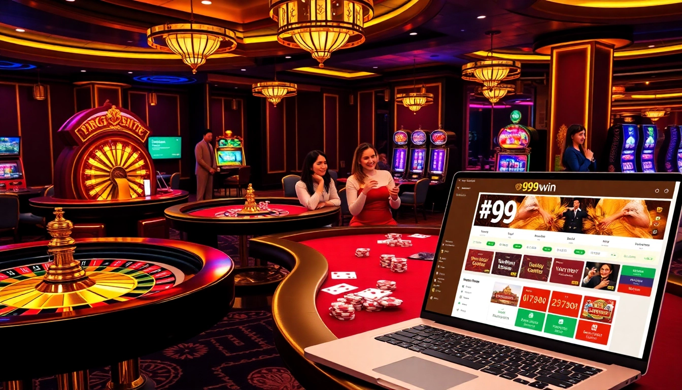Players enjoying a thrilling game at 99win's vibrant casino tables filled with excitement.