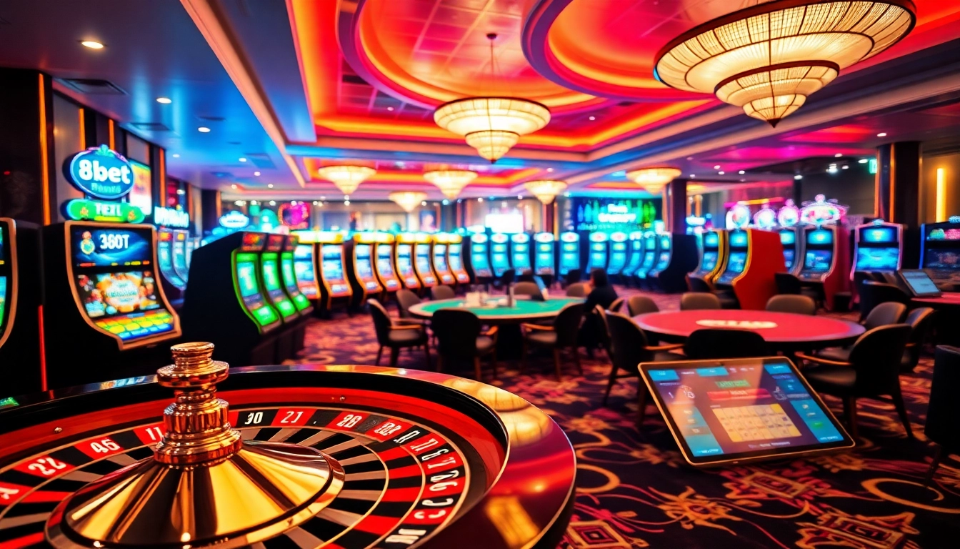 Engaging scene of gamblers enjoying a luxurious casino atmosphere with 8kbet gaming action.