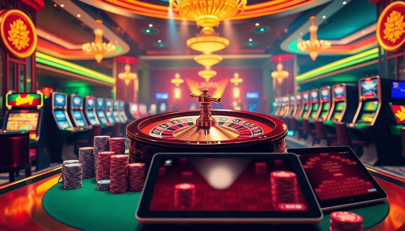 Experience luxury gameplay with luckywin at a virtual casino featuring roulette, poker chips, and online betting.