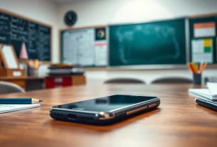 Handytasche Klassenzimmer auf einem Schreibtisch im Klassenzimmer mit Schulutensilien arrangiert.