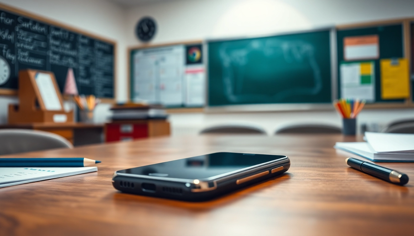 Handytasche Klassenzimmer auf einem Schreibtisch im Klassenzimmer mit Schulutensilien arrangiert.