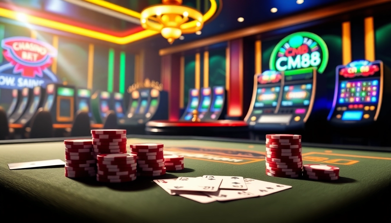 Experience excitement at CM88's online casino with vibrant poker chips and engaging gameplay.