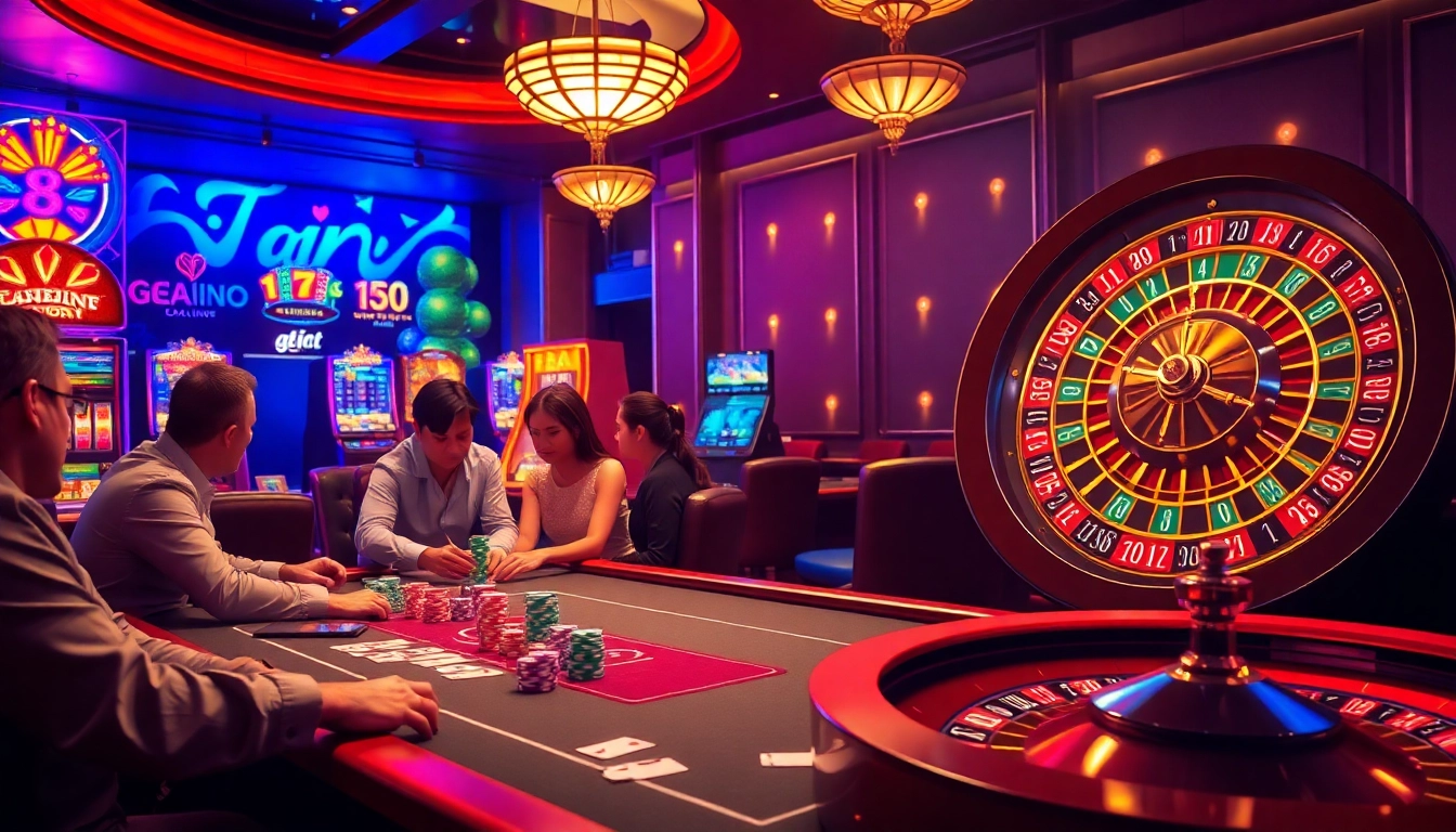 Experience the thrill of RR88 Com with players engaging at a vibrant casino table surrounded by exciting games.