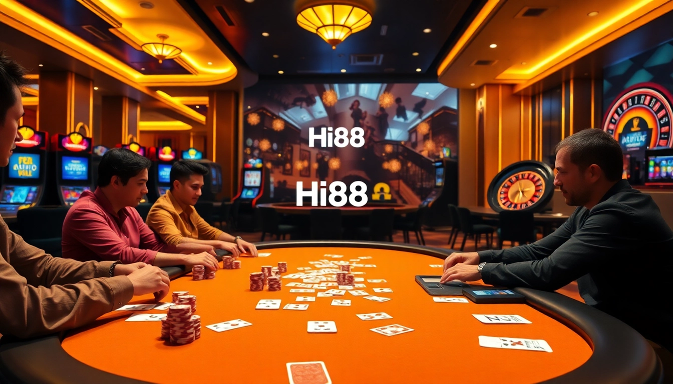 Excited players engaged in a thrilling poker game at Hi88 casino.