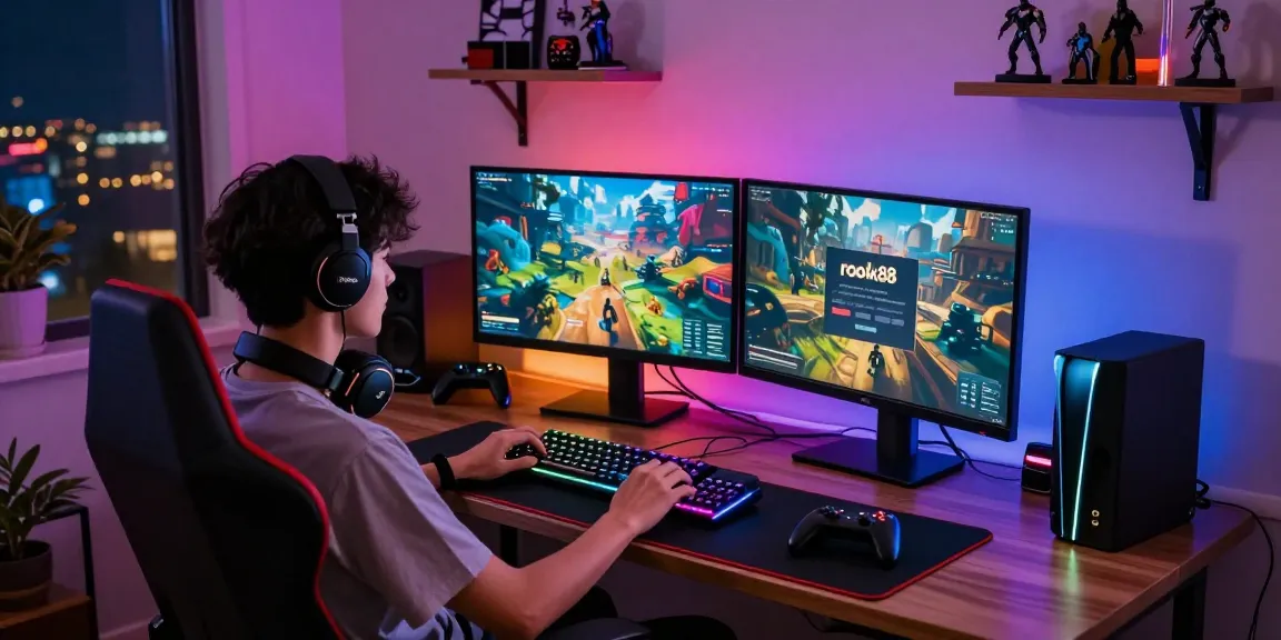 Gamer logging into rokok88 on dual monitors with vibrant graphics.